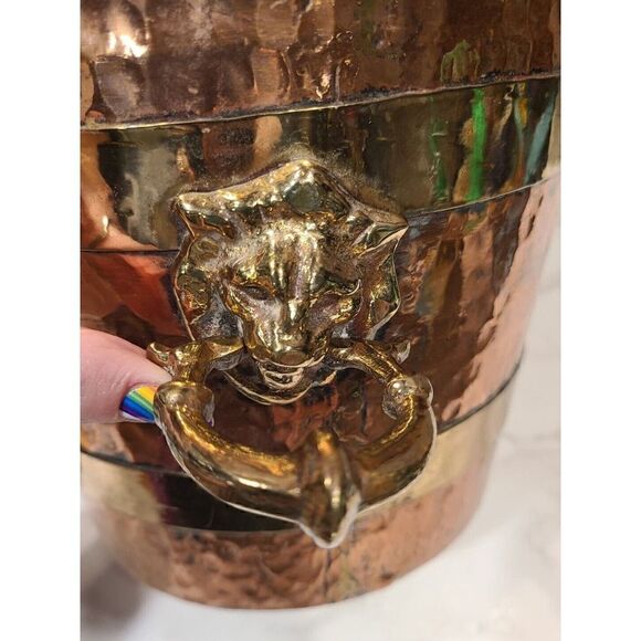 French Lion Hammered Copper Brass Jardiniere Planter Knocker Handles Décor 7"x9" - Picture 7 of 16